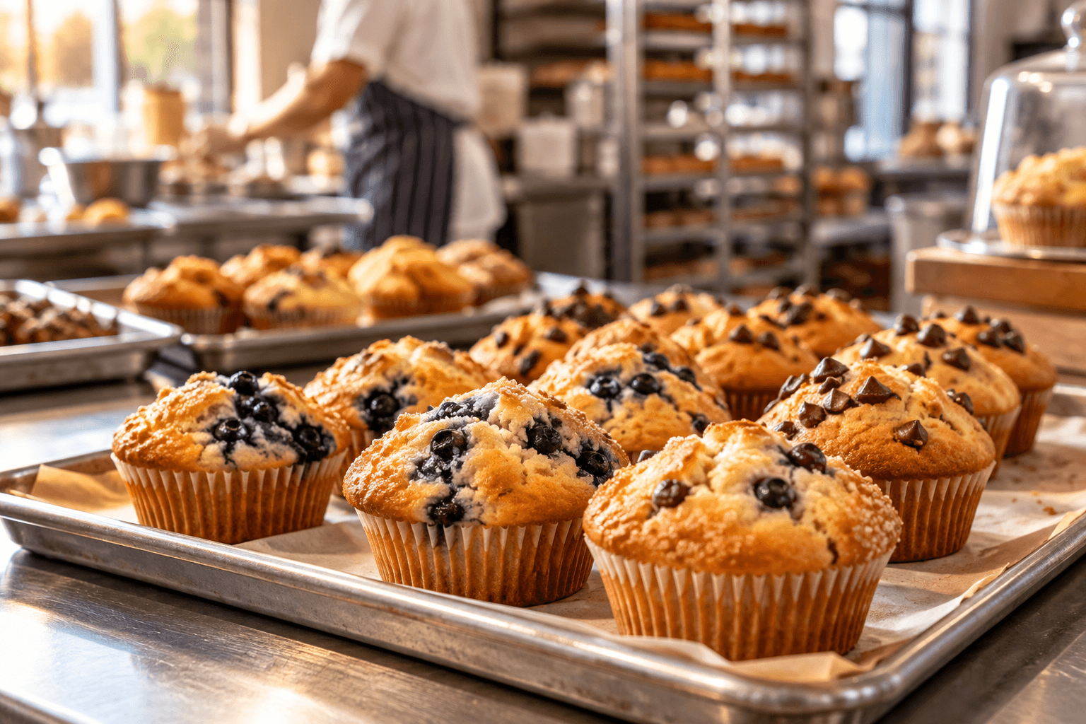 Trays of blueberry and chocolate chip muffins in a bakery