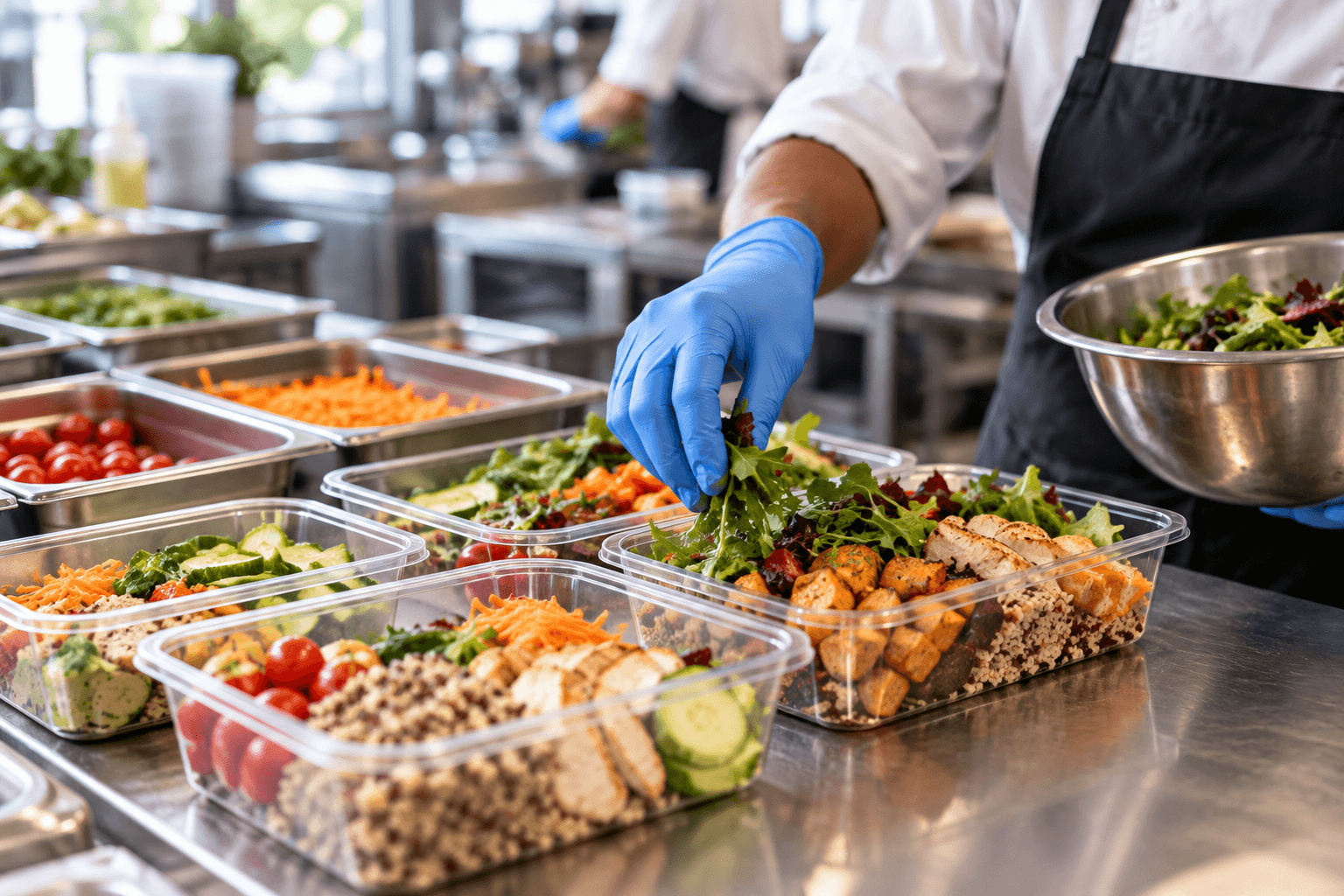 A gloved hand packing salad and grain bowls into containers for grab-and-go
