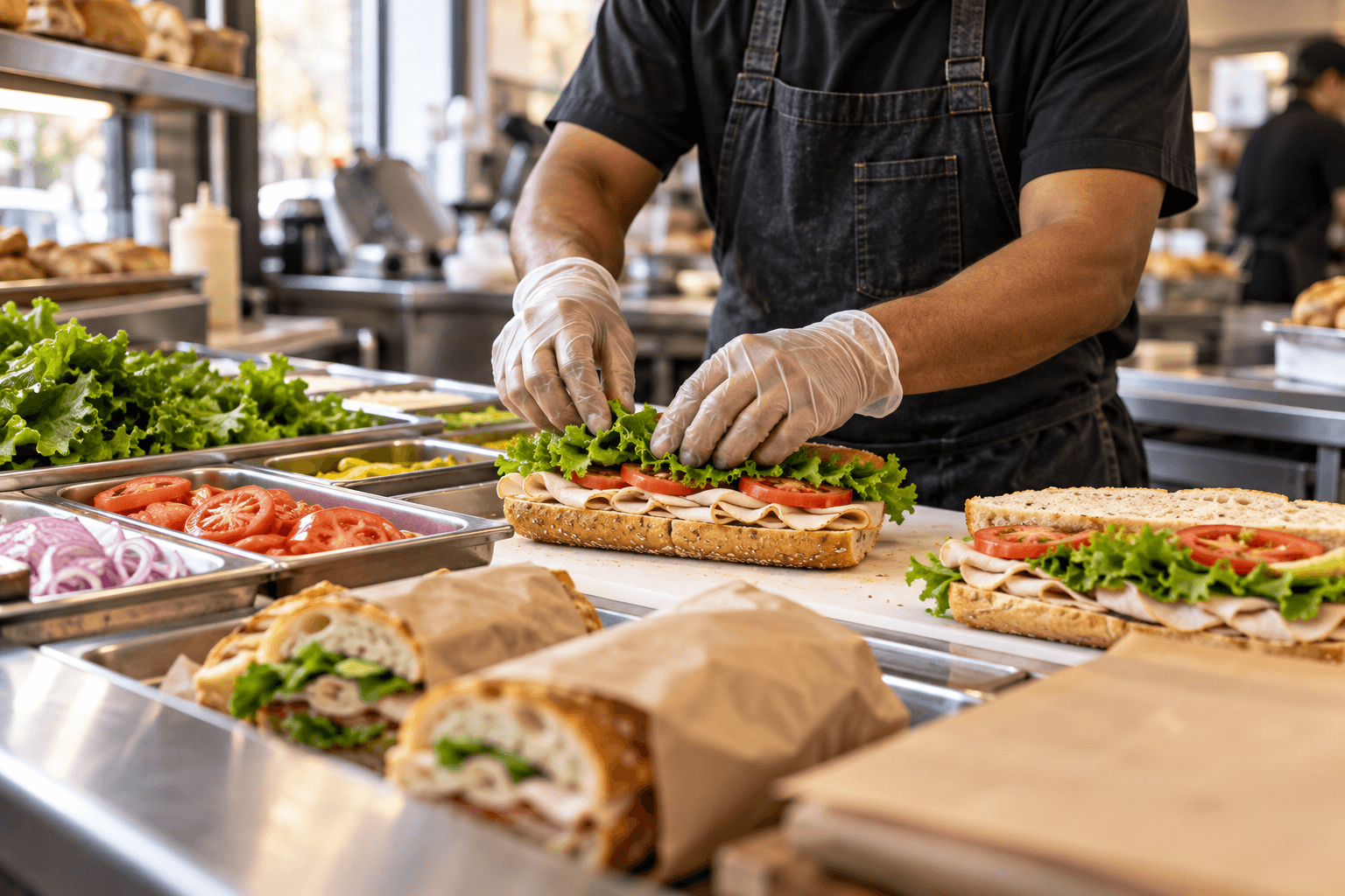 A deli worker in gloves assembling turkey sandwiches, with wrapped sandwiches ready on the counter