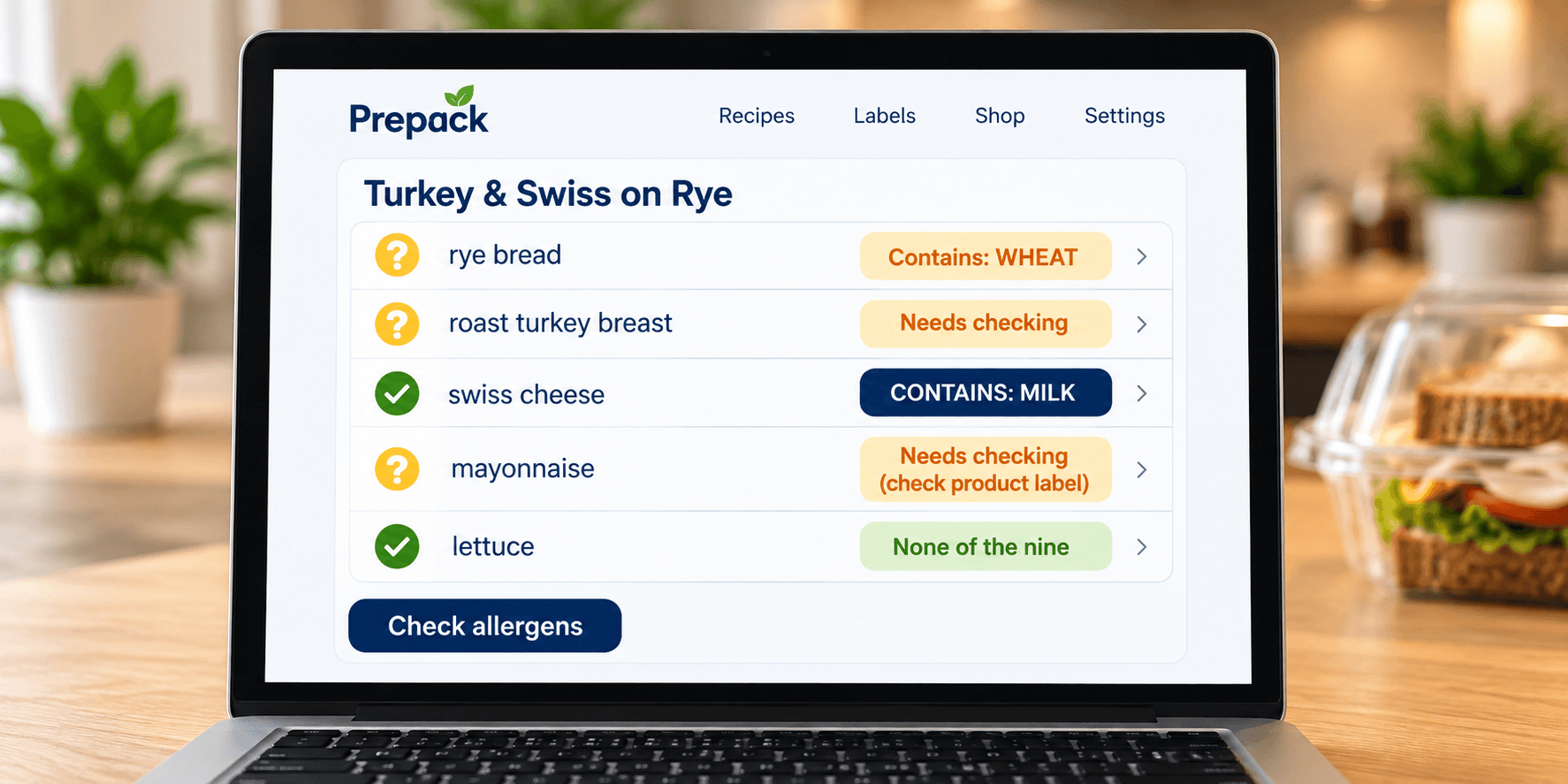 Illustration: a Turkey & Swiss on Rye recipe on a laptop, with each ingredient marked — rye bread contains wheat, roast turkey breast and mayonnaise need checking, swiss cheese contains milk