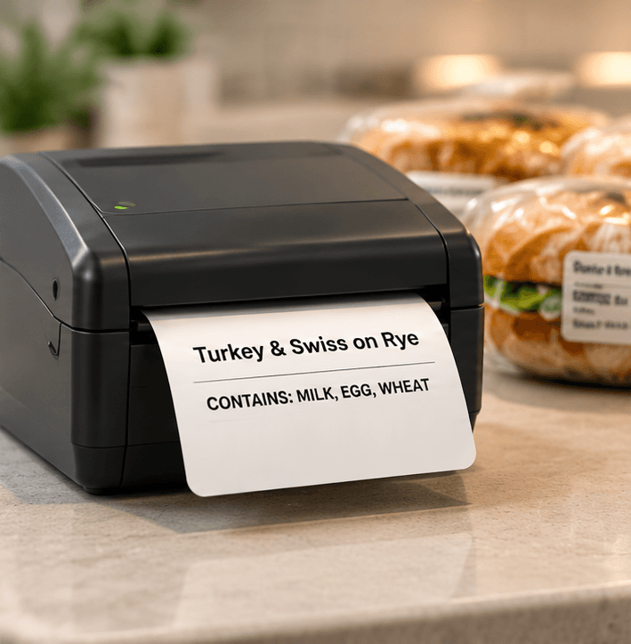 Illustration: a thermal printer printing a label for a turkey and swiss sandwich that ends with a CONTAINS line